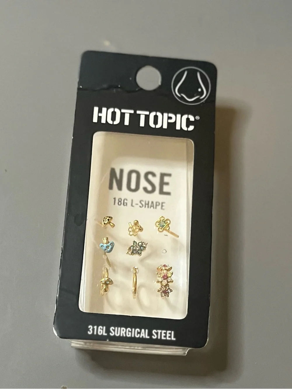 Hot Topic Nose Stud Set 9 Pack 18G L-Shape Gold Butterfly Mushroom NWT